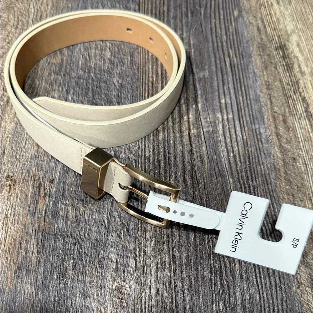 Calvin Klein Beige Leather Belt with Gold Buckle